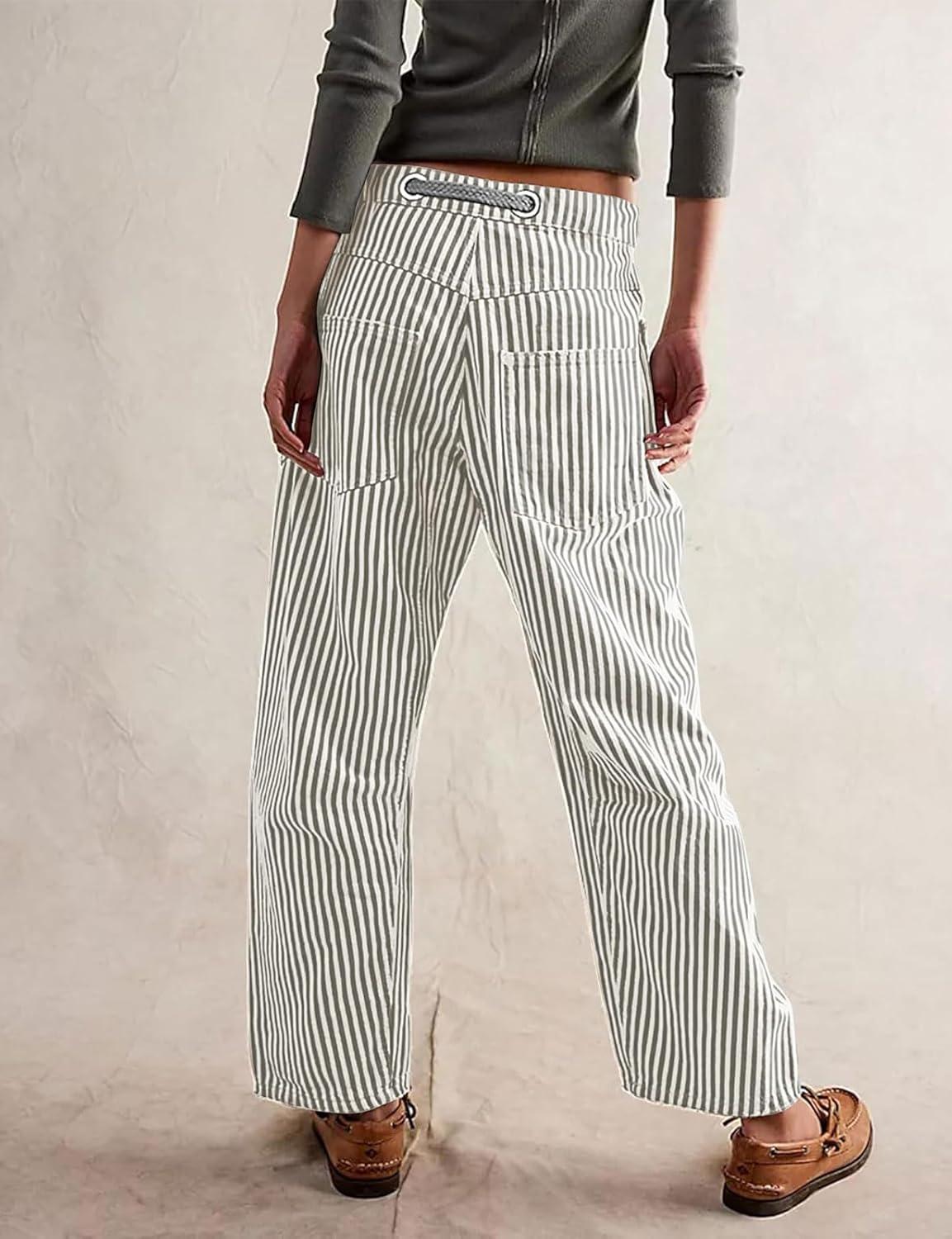 imageCHARTOU Womens Striped Barrel Jeans Baggy Mid Waist Drawstring Jeans Denim Patchwork Cropped Wide Leg PantsGrey