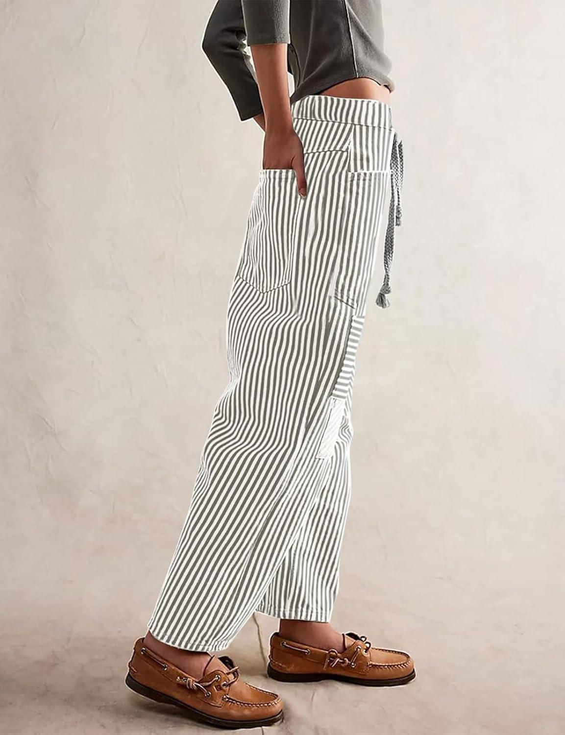 imageCHARTOU Womens Striped Barrel Jeans Baggy Mid Waist Drawstring Jeans Denim Patchwork Cropped Wide Leg PantsGrey