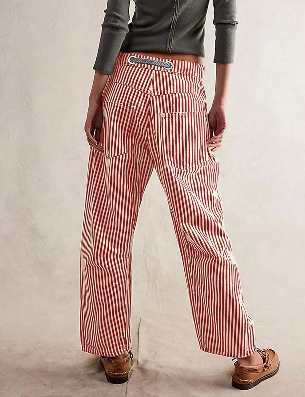 imageCHARTOU Womens Striped Barrel Jeans Baggy Mid Waist Drawstring Jeans Denim Patchwork Cropped Wide Leg PantsRed