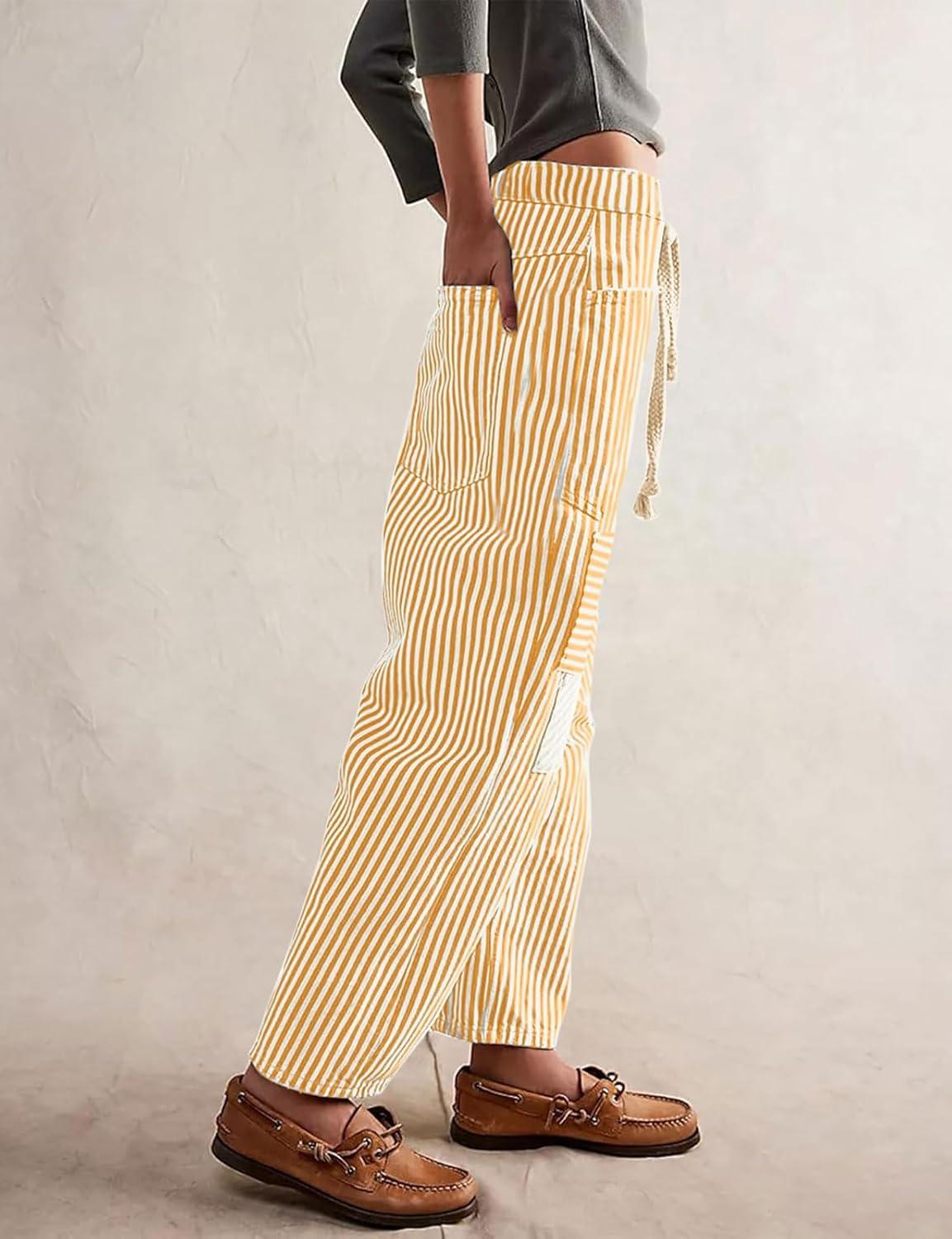 imageCHARTOU Womens Striped Barrel Jeans Baggy Mid Waist Drawstring Jeans Denim Patchwork Cropped Wide Leg PantsYellow