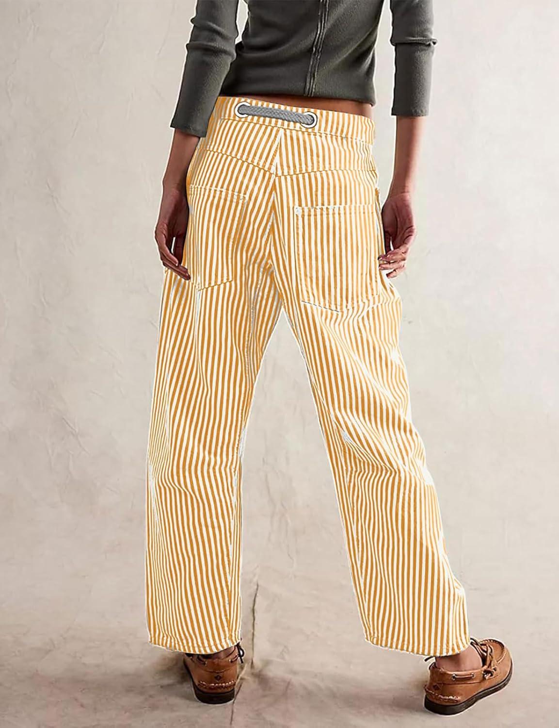imageCHARTOU Womens Striped Barrel Jeans Baggy Mid Waist Drawstring Jeans Denim Patchwork Cropped Wide Leg PantsYellow