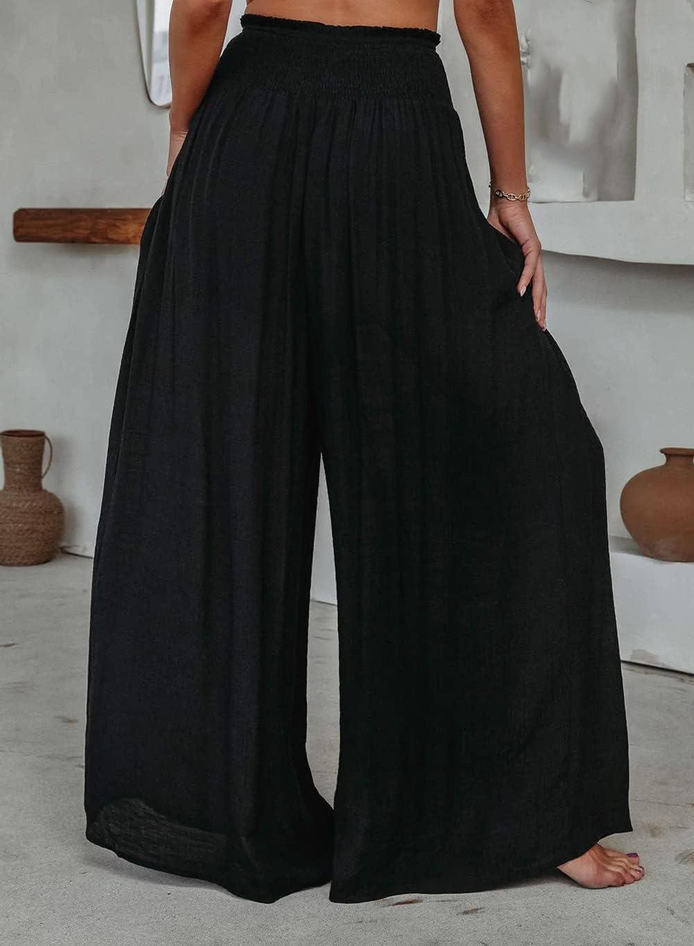 imageCHARTOU Womens Summer Lightweight Elastic Smocked Waist Cotton Flowy WideLeg Palazzo PantsBlack