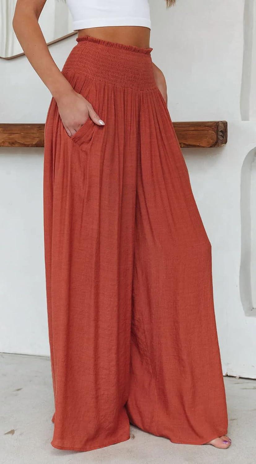 imageCHARTOU Womens Summer Lightweight Elastic Smocked Waist Cotton Flowy WideLeg Palazzo PantsRusty Red