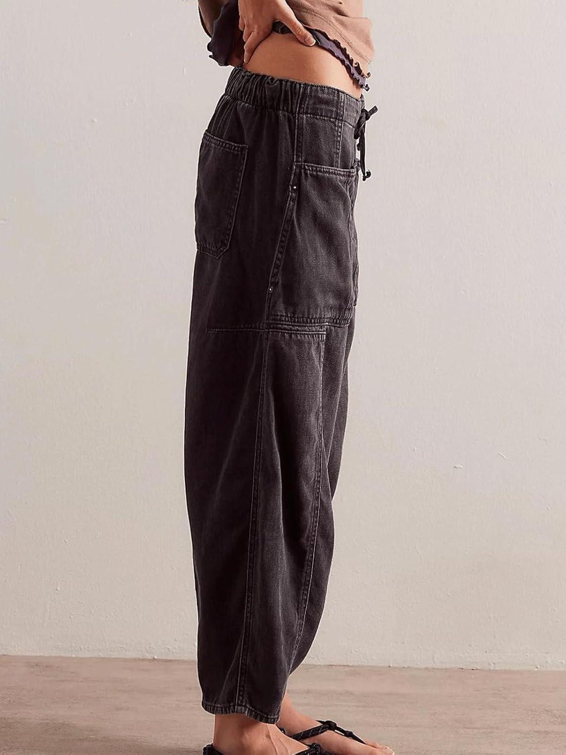 imageCHARTOU Womens Trendy Mid Rise Barrel Jeans Drawstring Boyfriend Denim Pants Harem Y2K Jeans with PocketsBlack