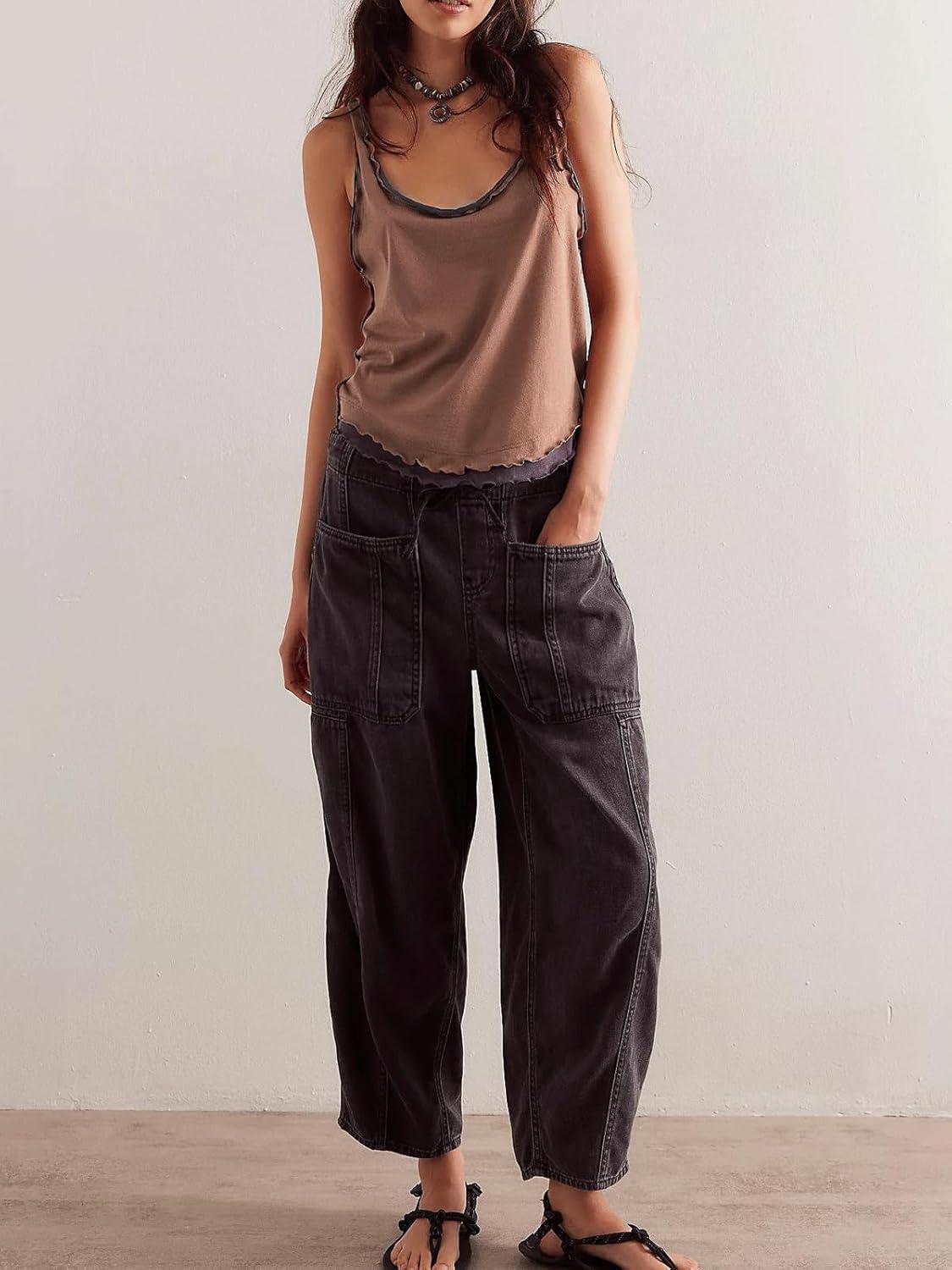 imageCHARTOU Womens Trendy Mid Rise Barrel Jeans Drawstring Boyfriend Denim Pants Harem Y2K Jeans with PocketsBlack