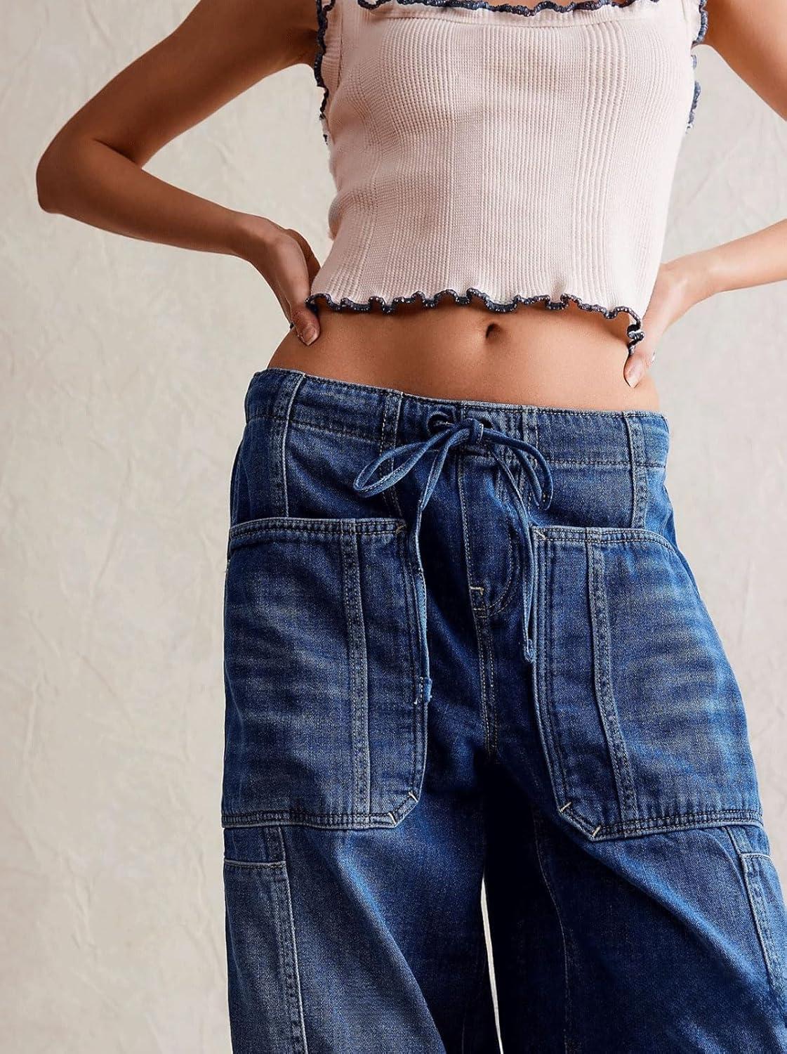 imageCHARTOU Womens Trendy Mid Rise Barrel Jeans Drawstring Boyfriend Denim Pants Harem Y2K Jeans with PocketsDark Blue