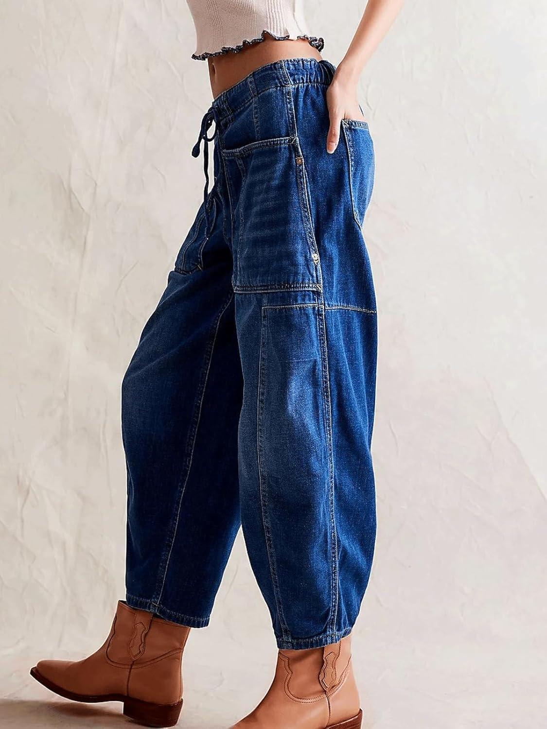 imageCHARTOU Womens Trendy Mid Rise Barrel Jeans Drawstring Boyfriend Denim Pants Harem Y2K Jeans with PocketsDark Blue