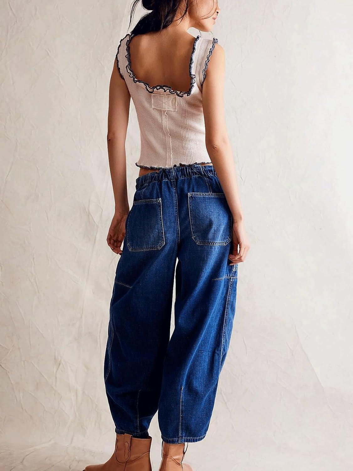 imageCHARTOU Womens Trendy Mid Rise Barrel Jeans Drawstring Boyfriend Denim Pants Harem Y2K Jeans with PocketsDark Blue