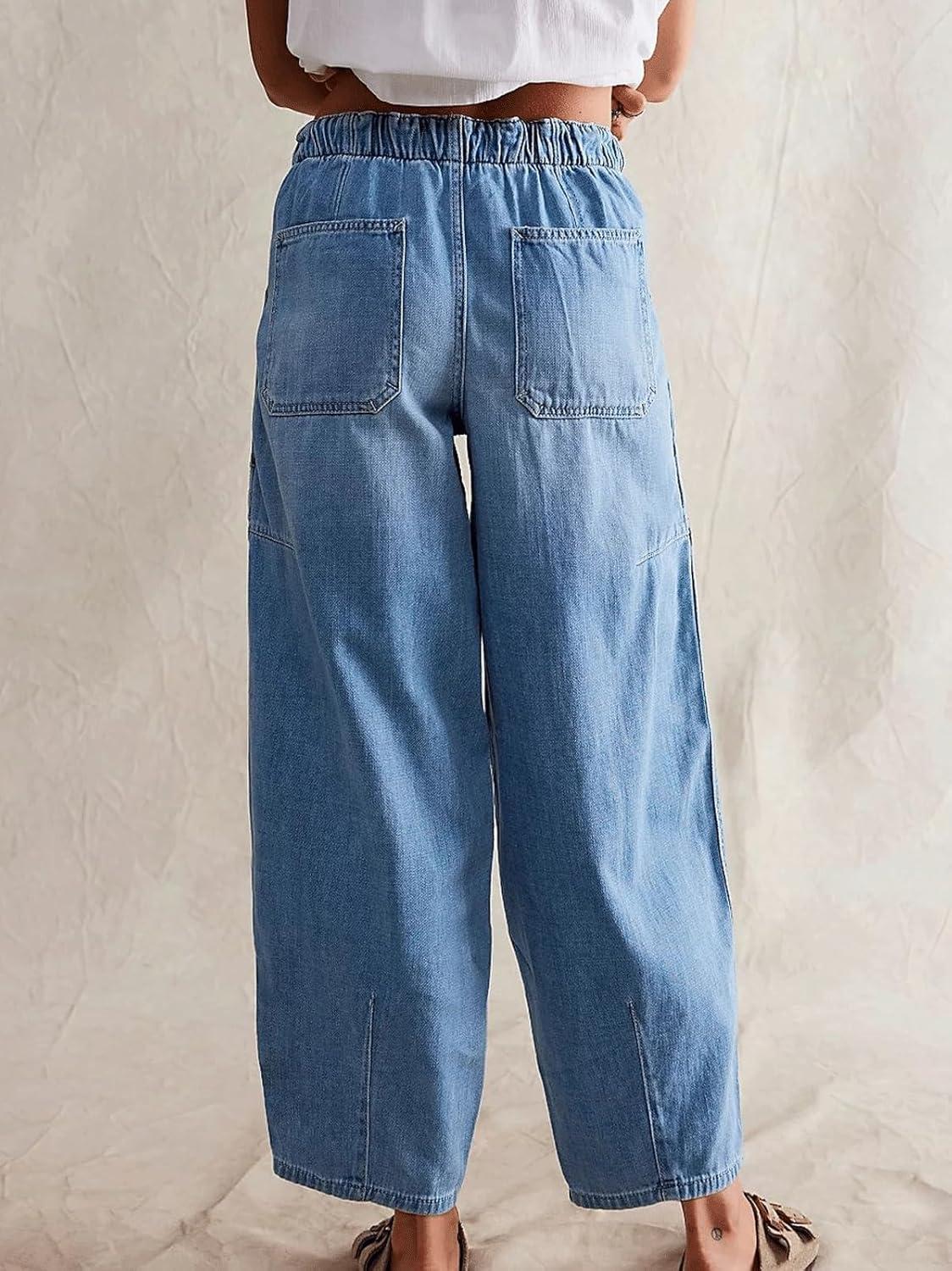 imageCHARTOU Womens Trendy Mid Rise Barrel Jeans Drawstring Boyfriend Denim Pants Harem Y2K Jeans with PocketsLight Blue