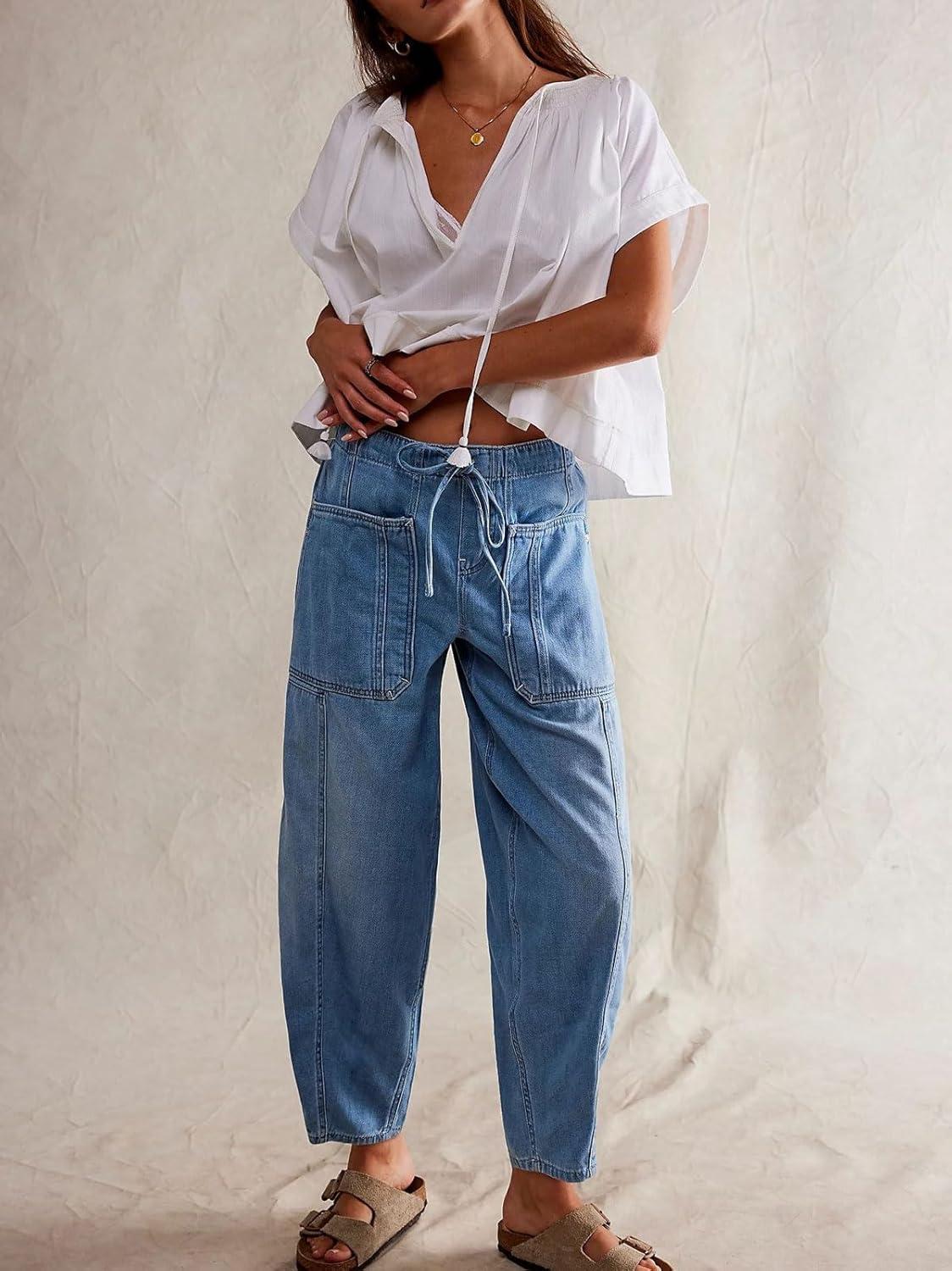 imageCHARTOU Womens Trendy Mid Rise Barrel Jeans Drawstring Boyfriend Denim Pants Harem Y2K Jeans with PocketsLight Blue