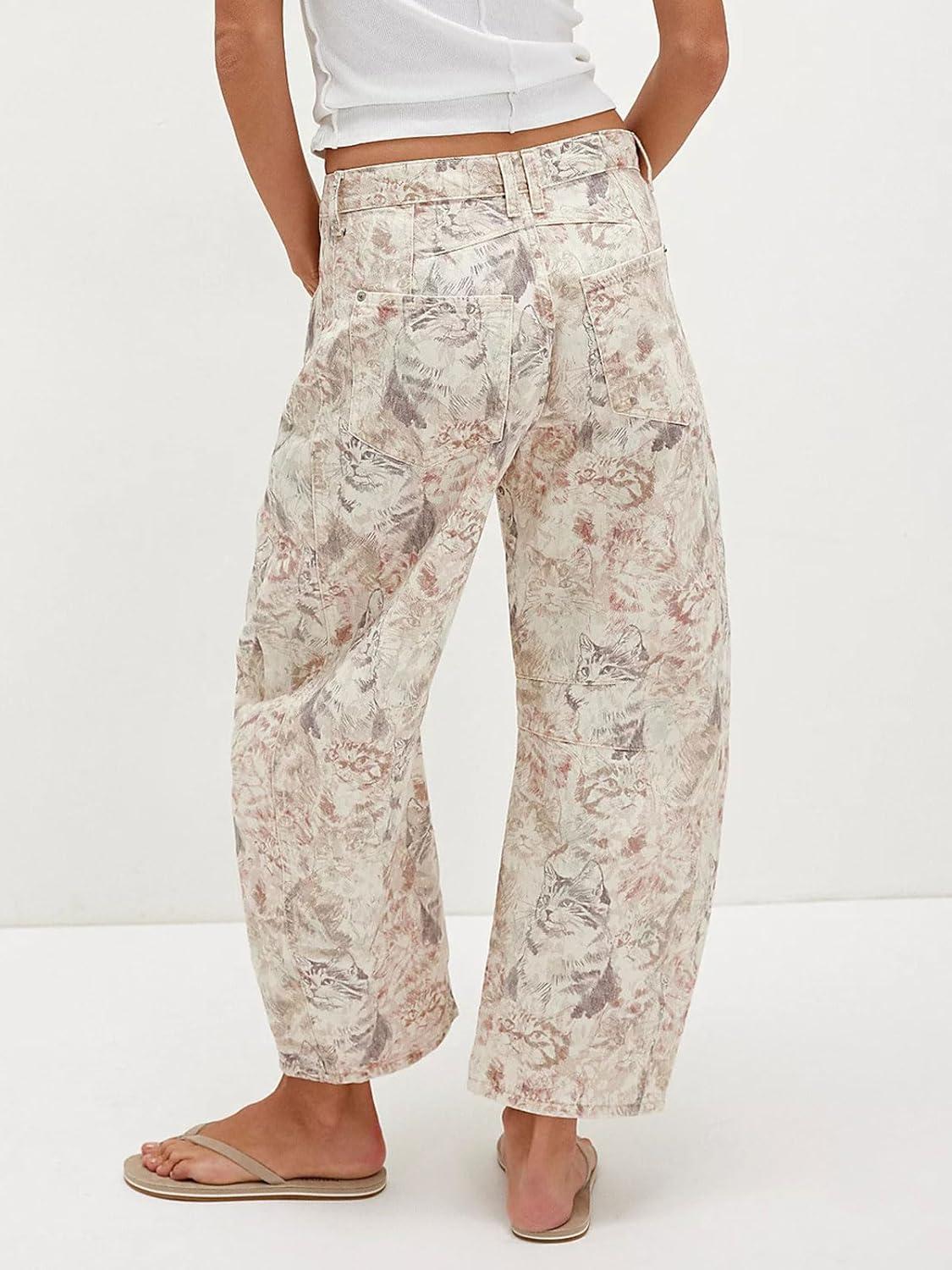 imageCHARTOU Womens Wide Leg Cropped Jeans Pants Baggy High Rise Denim Pants Y2k Graffiti Barrel JeansCat Print