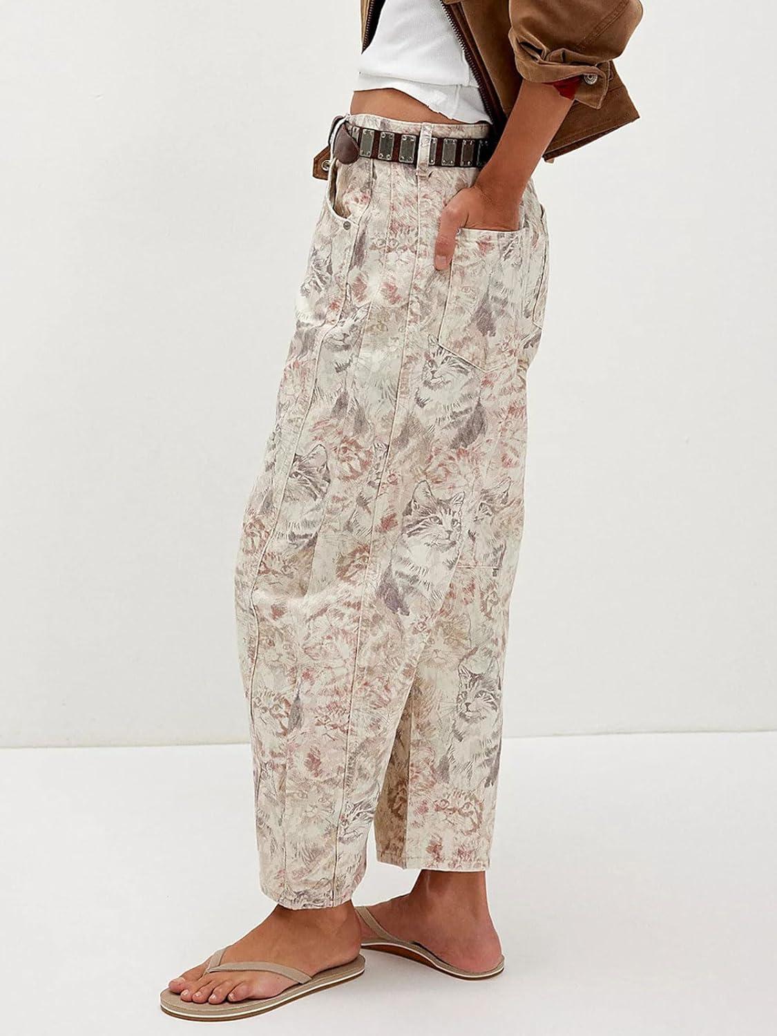imageCHARTOU Womens Wide Leg Cropped Jeans Pants Baggy High Rise Denim Pants Y2k Graffiti Barrel JeansCat Print