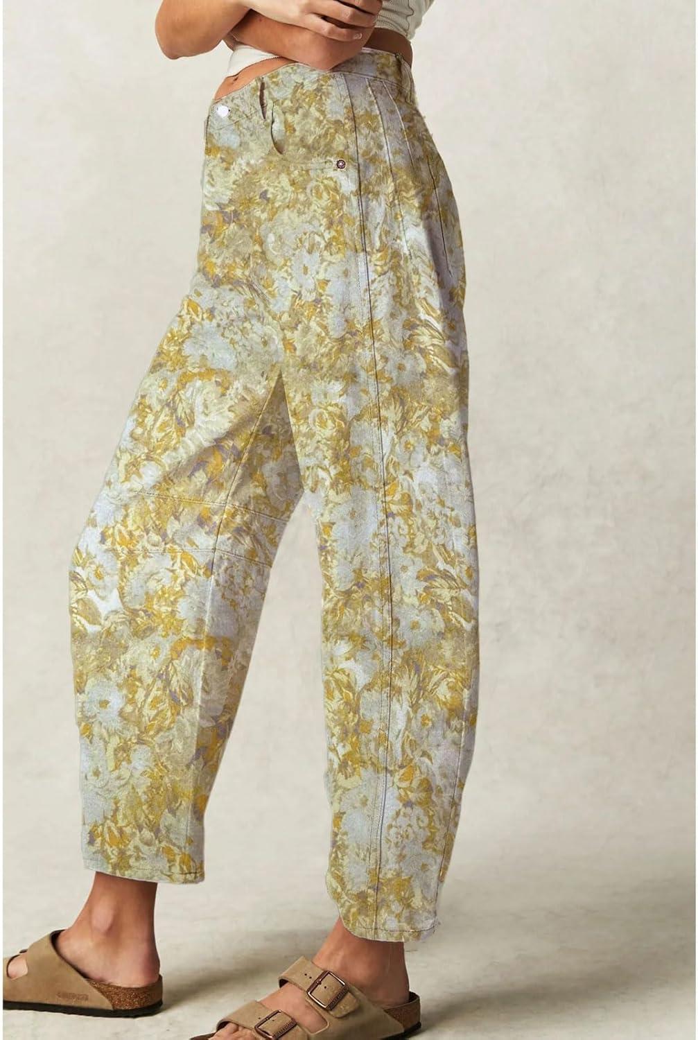 imageCHARTOU Womens Wide Leg Cropped Jeans Pants Baggy High Rise Denim Pants Y2k Graffiti Barrel JeansFloral