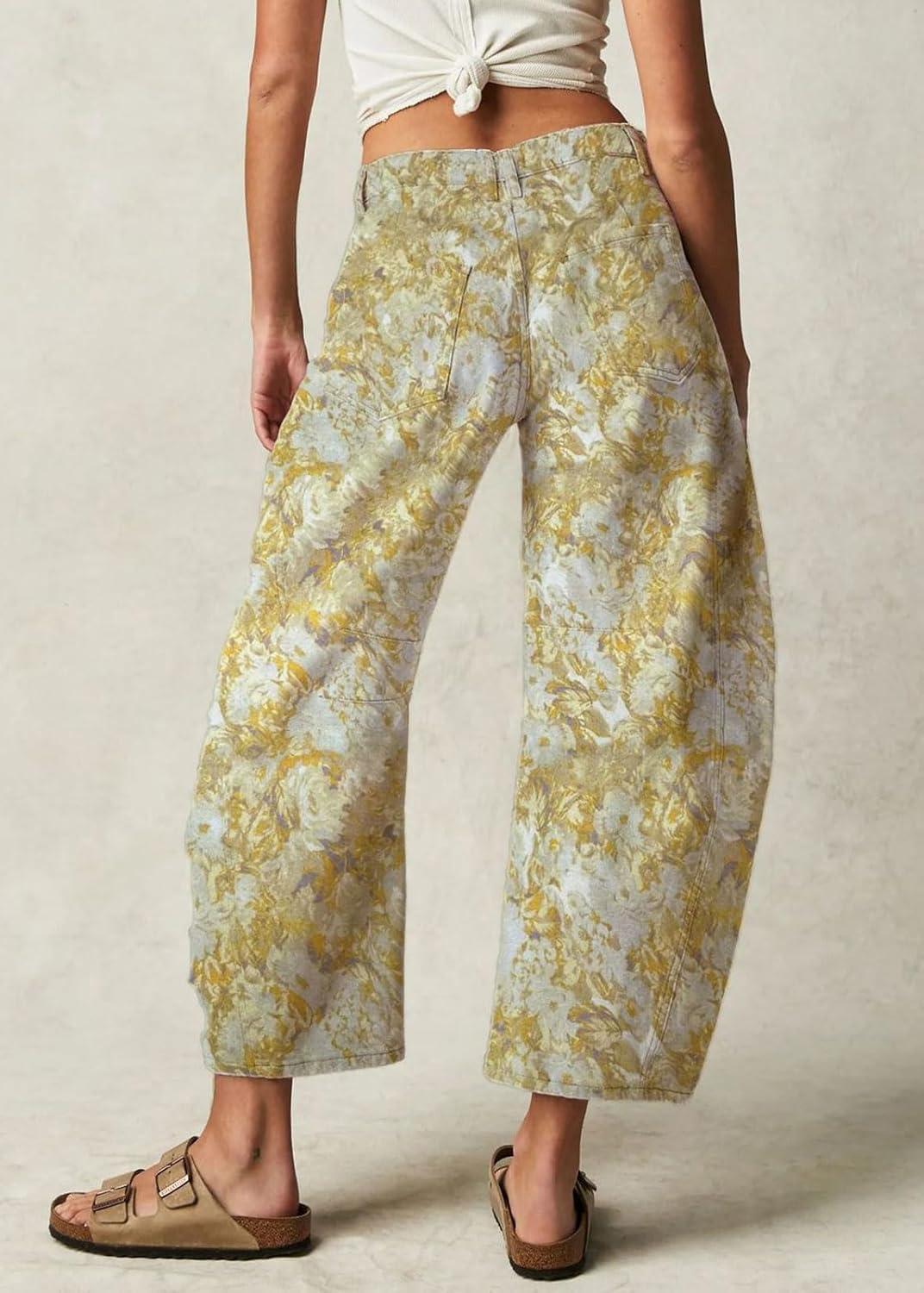 imageCHARTOU Womens Wide Leg Cropped Jeans Pants Baggy High Rise Denim Pants Y2k Graffiti Barrel JeansFloral