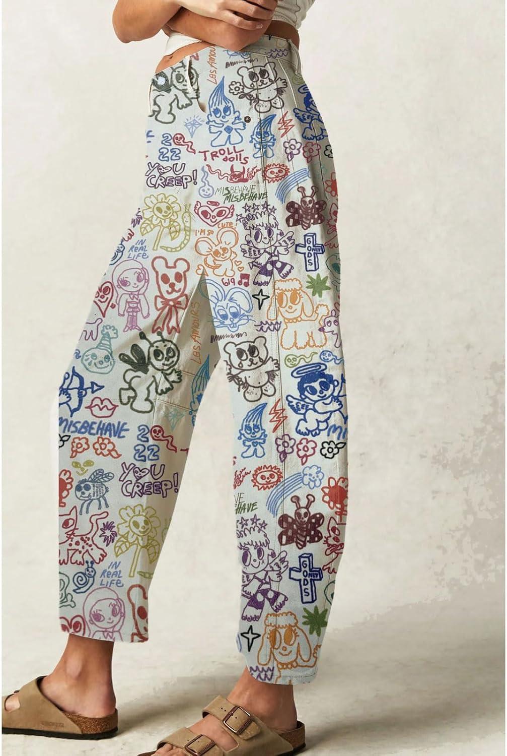 imageCHARTOU Womens Wide Leg Cropped Jeans Pants Baggy High Rise Denim Pants Y2k Graffiti Barrel JeansGraffiti