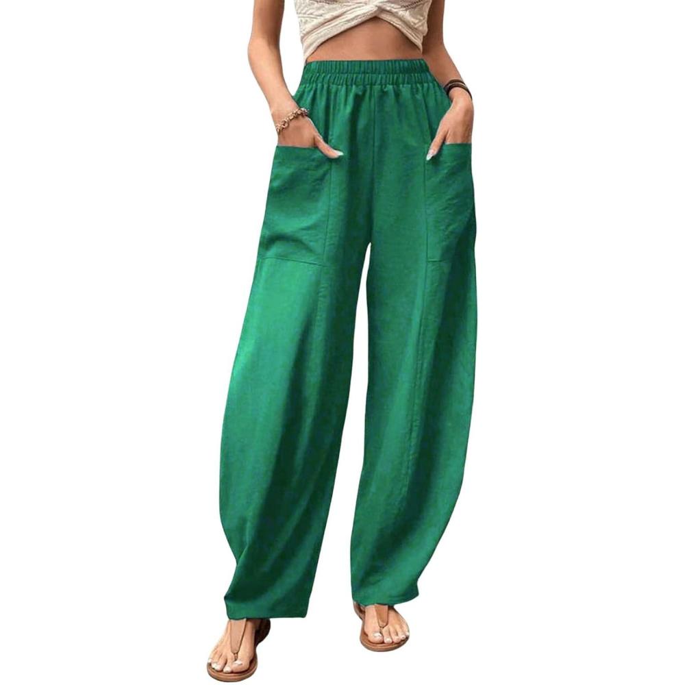 imageCHARTOU Casual Elastic Waist Harem Pants Women with Pockets Summer Barrel Pants Palazzo Sweatpants Lightweight SlacksGreen