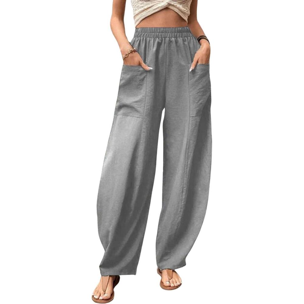 imageCHARTOU Casual Elastic Waist Harem Pants Women with Pockets Summer Barrel Pants Palazzo Sweatpants Lightweight SlacksGrey