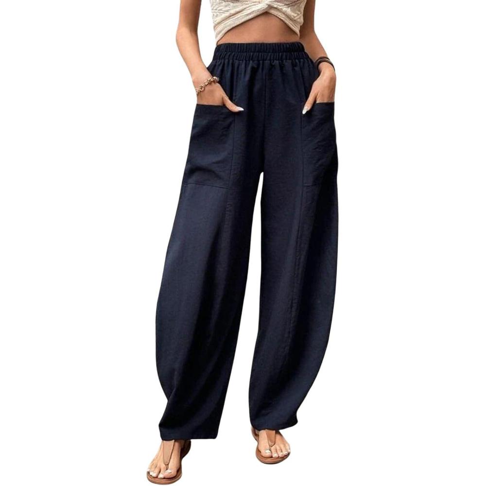 imageCHARTOU Casual Elastic Waist Harem Pants Women with Pockets Summer Barrel Pants Palazzo Sweatpants Lightweight SlacksNavy