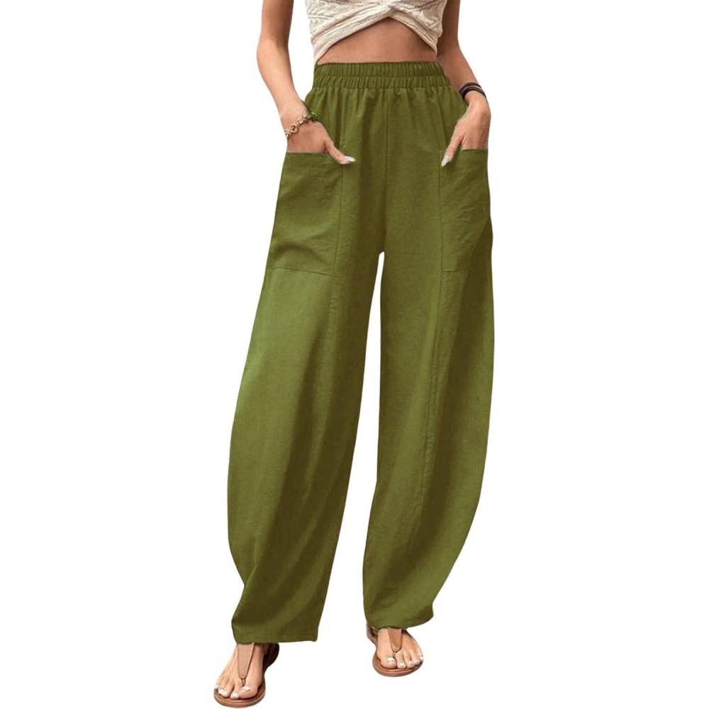 imageCHARTOU Casual Elastic Waist Harem Pants Women with Pockets Summer Barrel Pants Palazzo Sweatpants Lightweight SlacksOlive Green