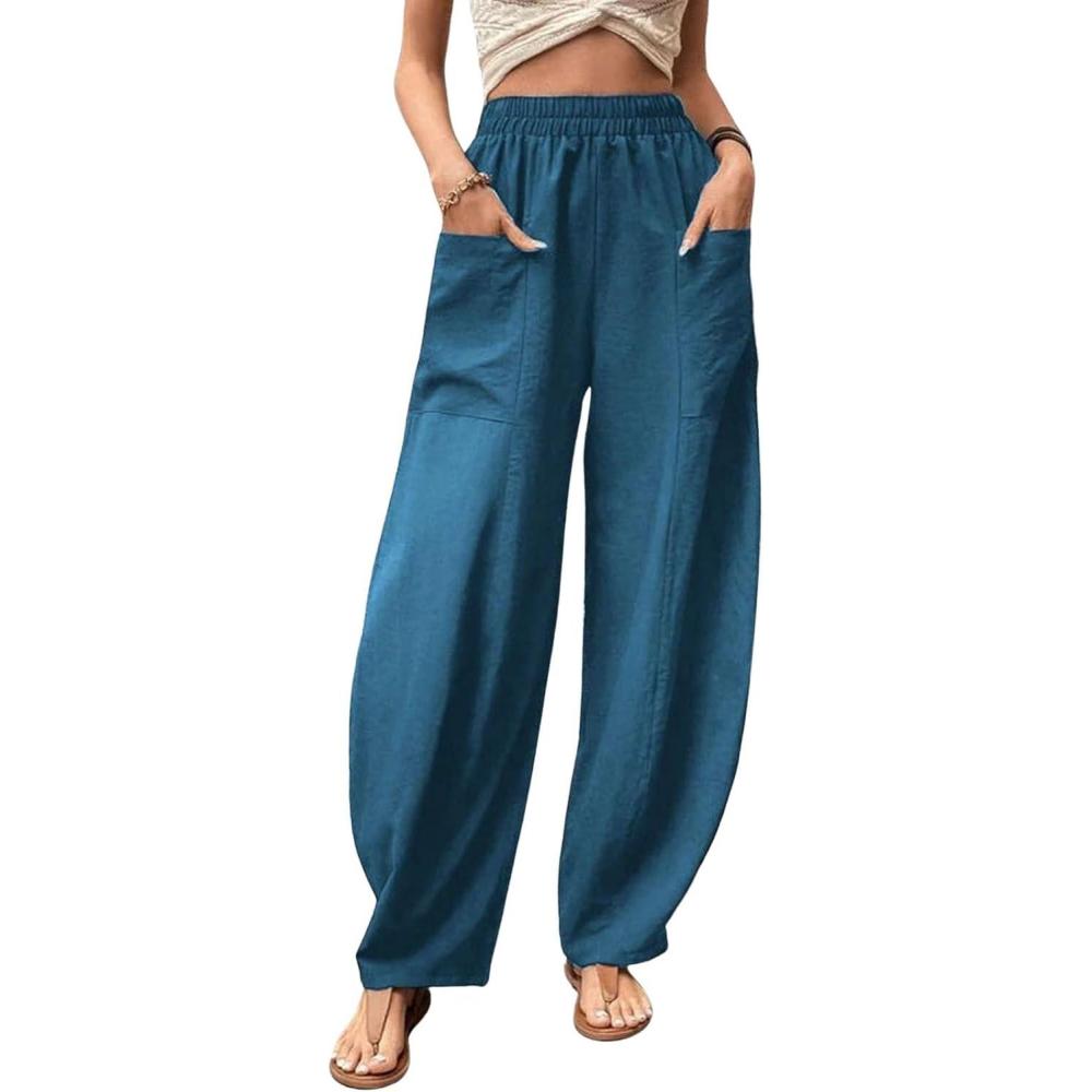 imageCHARTOU Casual Elastic Waist Harem Pants Women with Pockets Summer Barrel Pants Palazzo Sweatpants Lightweight SlacksPeacock Green