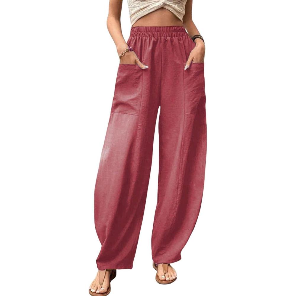 imageCHARTOU Casual Elastic Waist Harem Pants Women with Pockets Summer Barrel Pants Palazzo Sweatpants Lightweight SlacksRed