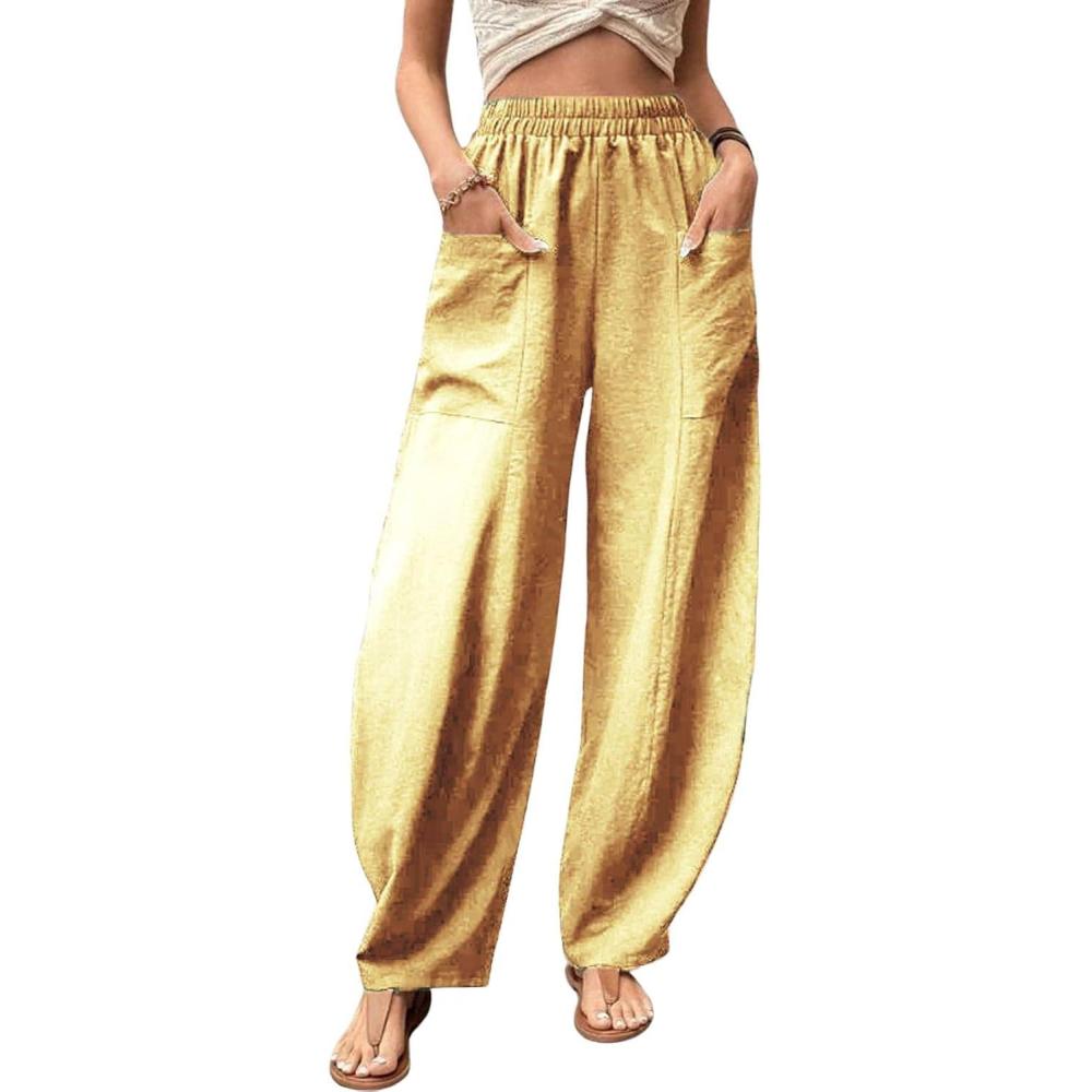 imageCHARTOU Casual Elastic Waist Harem Pants Women with Pockets Summer Barrel Pants Palazzo Sweatpants Lightweight SlacksYellow