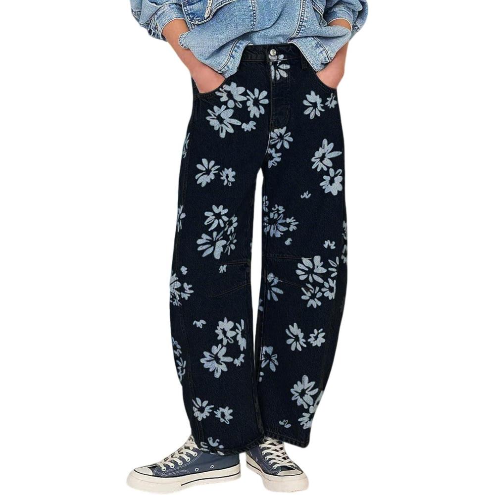 imageCHARTOU Floral Barrel Jeans Women Y2k Baggy Wide Leg Pants Patchwork Boyfriend Cargo Printed Denim JeansBlack