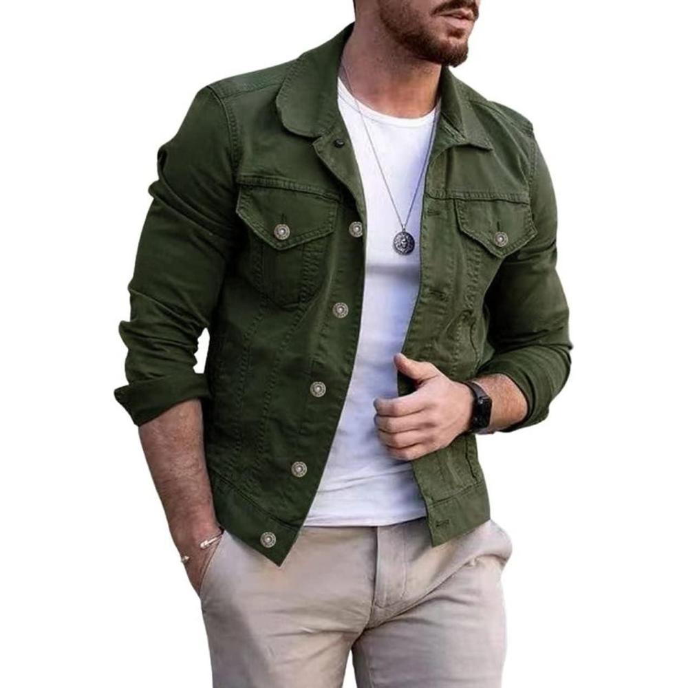 imageCHARTOU Mens Denim Jacket Casual Regular Fit Button Down Long Sleeve Jean Trucker JacketArmy Green