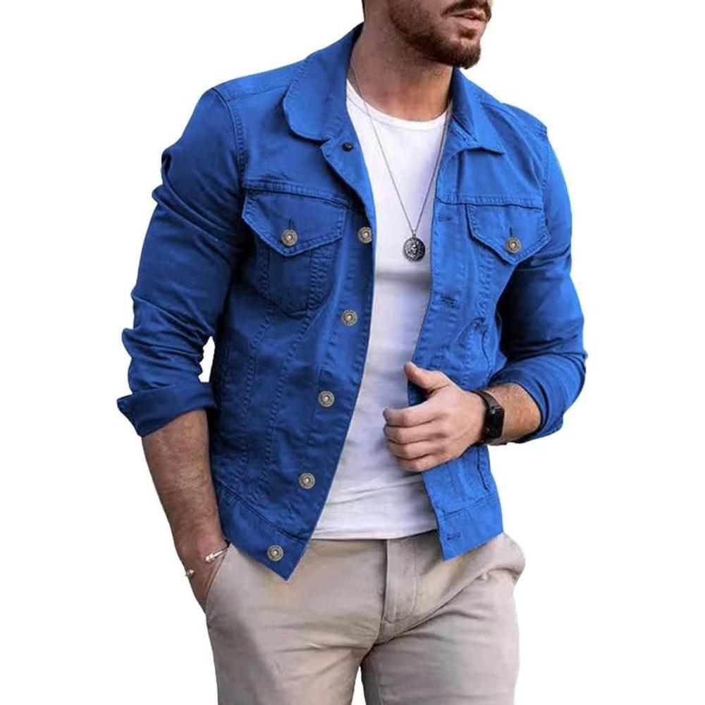 imageCHARTOU Mens Denim Jacket Casual Regular Fit Button Down Long Sleeve Jean Trucker JacketBlue