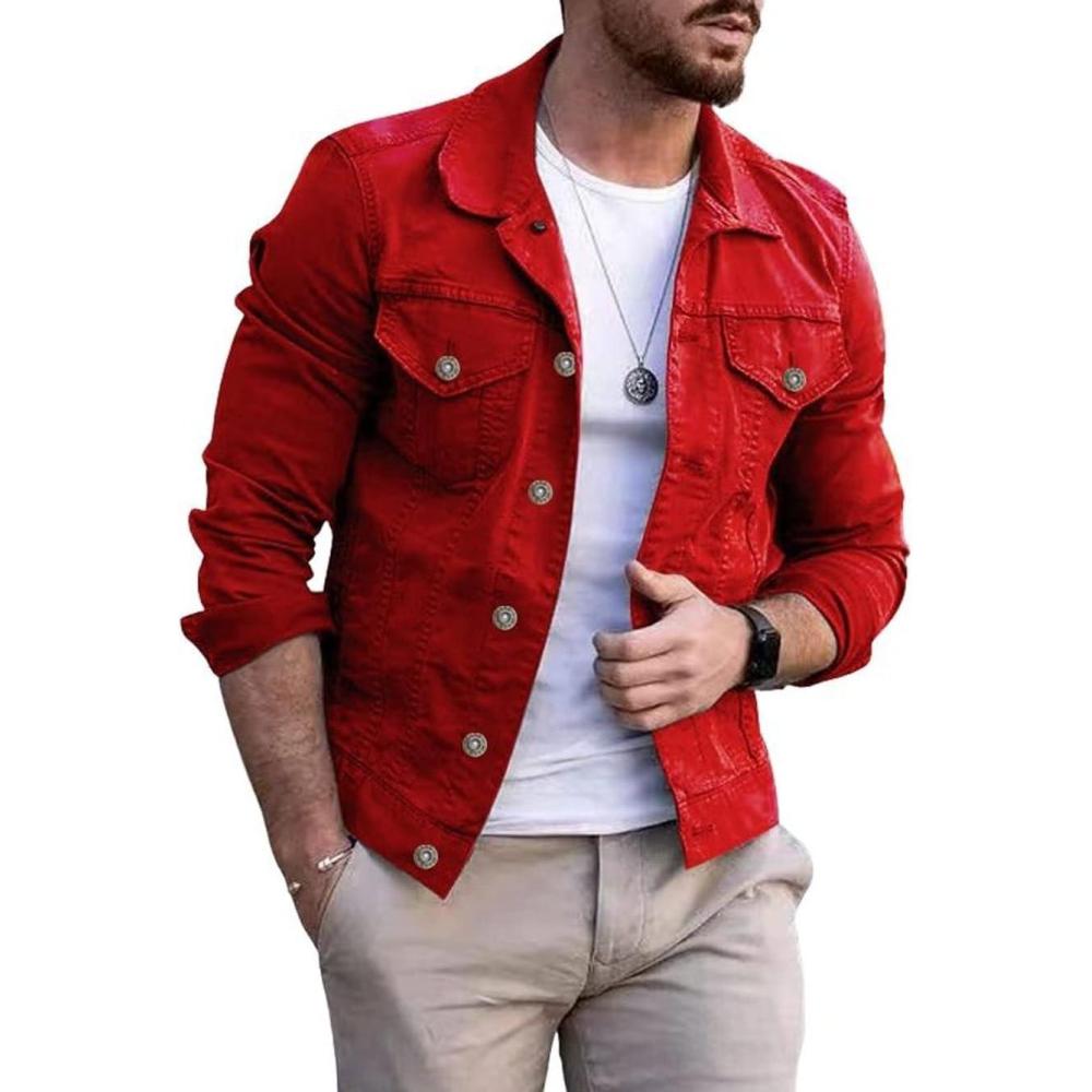 imageCHARTOU Mens Denim Jacket Casual Regular Fit Button Down Long Sleeve Jean Trucker JacketRed