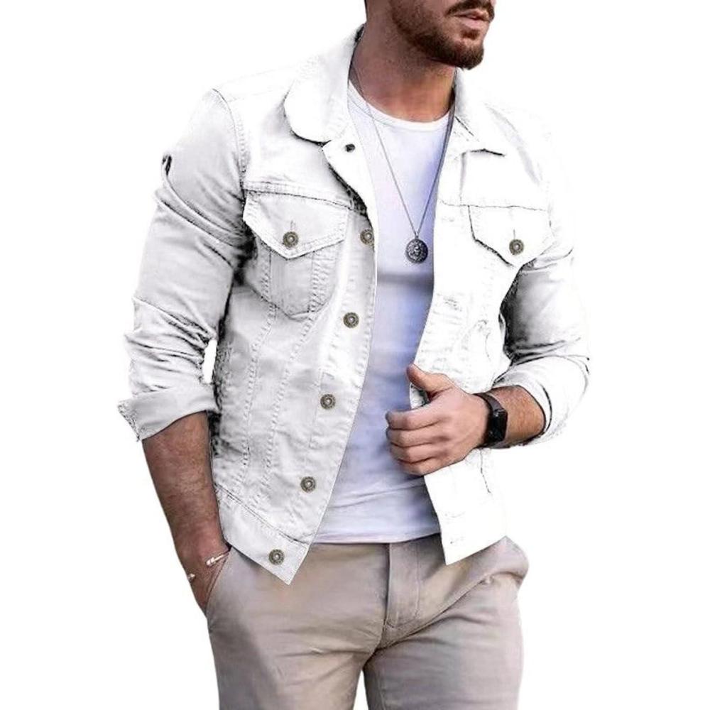 imageCHARTOU Mens Denim Jacket Casual Regular Fit Button Down Long Sleeve Jean Trucker JacketWhite