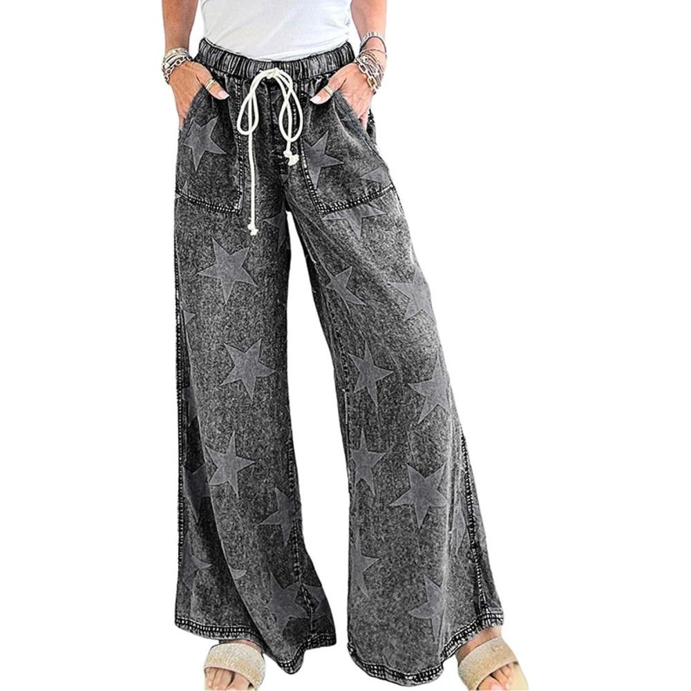 imageCHARTOU Women Baggy Wide Leg Drawstring Jeans Flare Elastic High Waist Star Printed Jeans Loose Denim PantsGrey