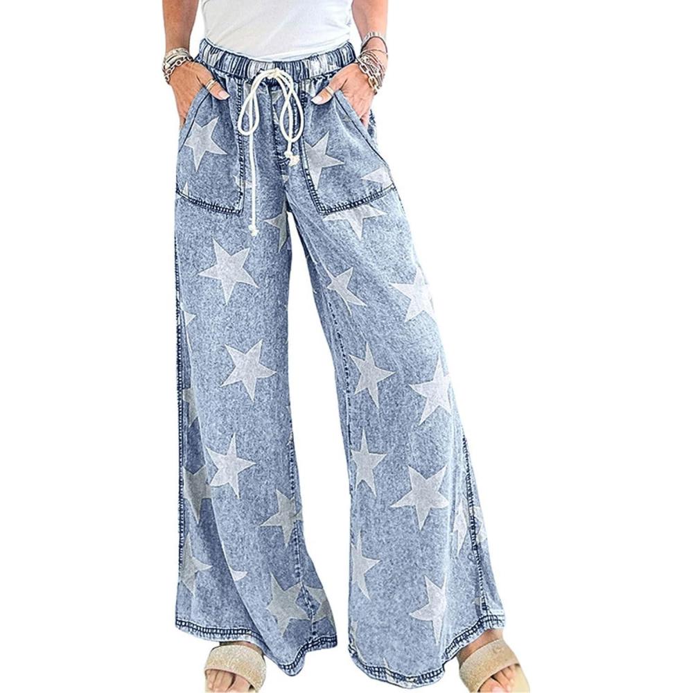 imageCHARTOU Women Baggy Wide Leg Drawstring Jeans Flare Elastic High Waist Star Printed Jeans Loose Denim PantsLight Blue