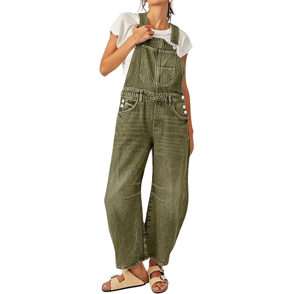 imageCHARTOU Women Casual Denim Bib Overalls Baggy Barrel Jeans Y2k Wide Leg Denim Jumpsuit Mid Rise Boyfriend Harem PantsArmy Green
