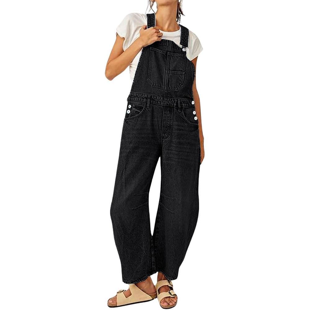 imageCHARTOU Women Casual Denim Bib Overalls Baggy Barrel Jeans Y2k Wide Leg Denim Jumpsuit Mid Rise Boyfriend Harem PantsBlack
