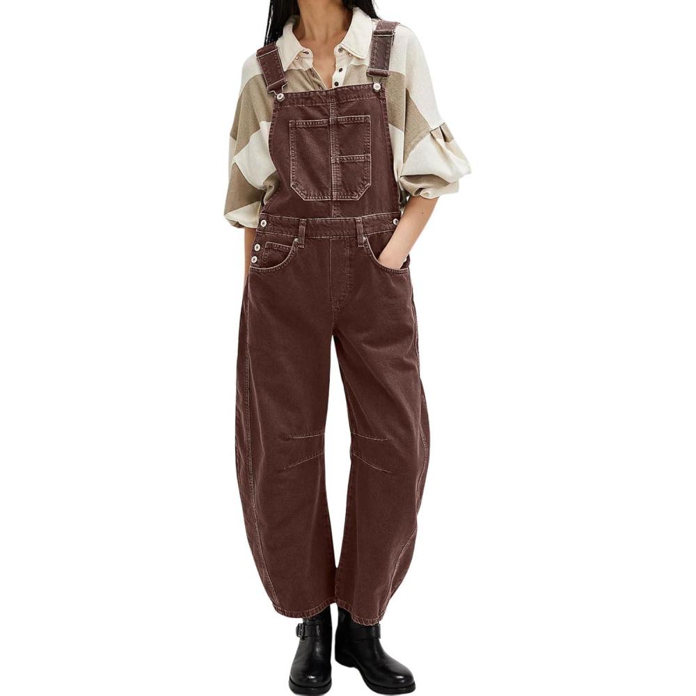 imageCHARTOU Women Casual Denim Bib Overalls Baggy Barrel Jeans Y2k Wide Leg Denim Jumpsuit Mid Rise Boyfriend Harem PantsChocolate