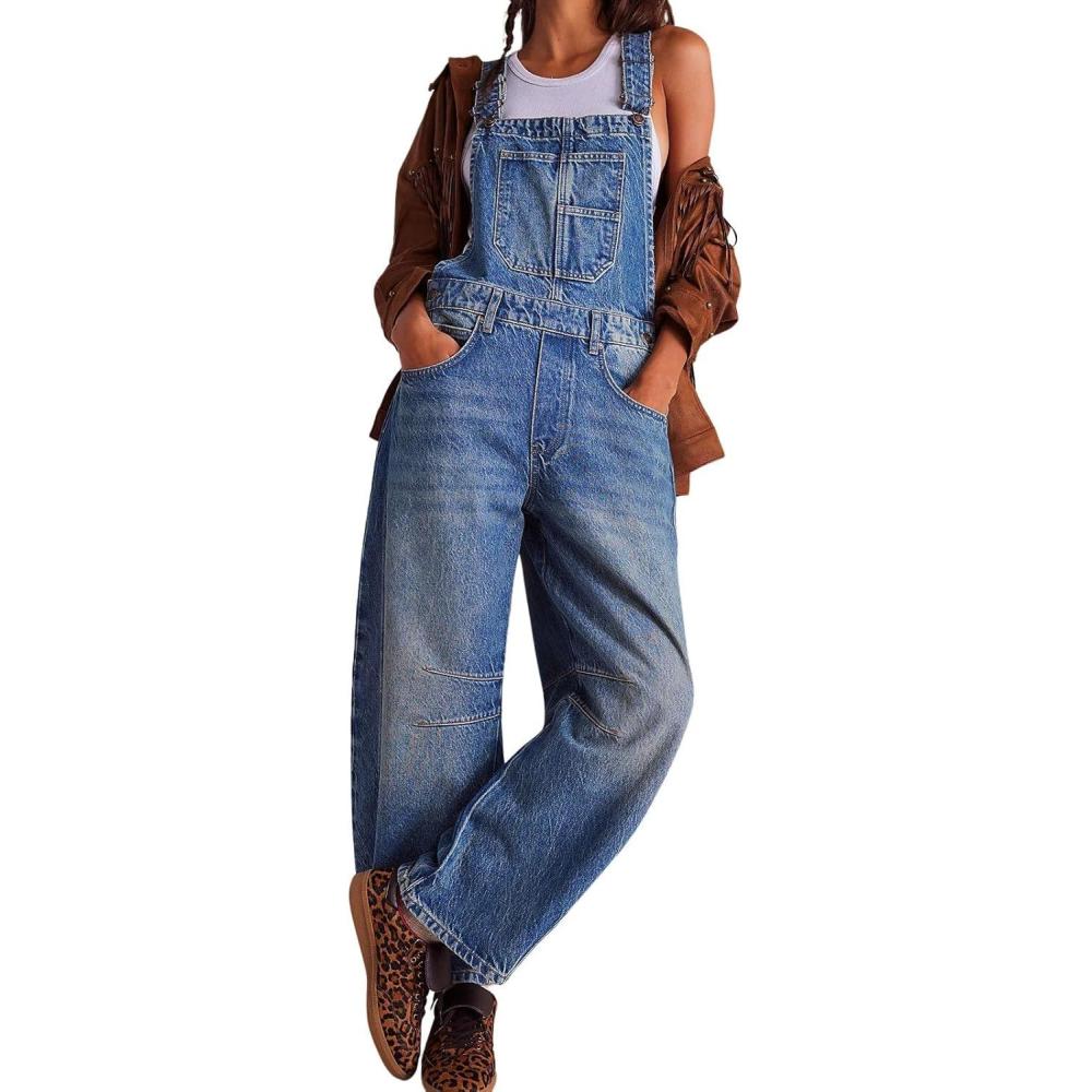 imageCHARTOU Women Casual Denim Bib Overalls Baggy Barrel Jeans Y2k Wide Leg Denim Jumpsuit Mid Rise Boyfriend Harem PantsDark Blue