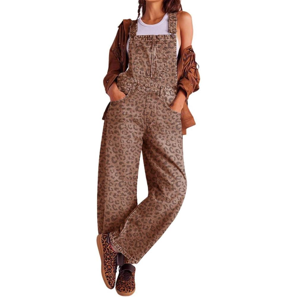 imageCHARTOU Women Casual Denim Bib Overalls Baggy Barrel Jeans Y2k Wide Leg Denim Jumpsuit Mid Rise Boyfriend Harem PantsLeopard