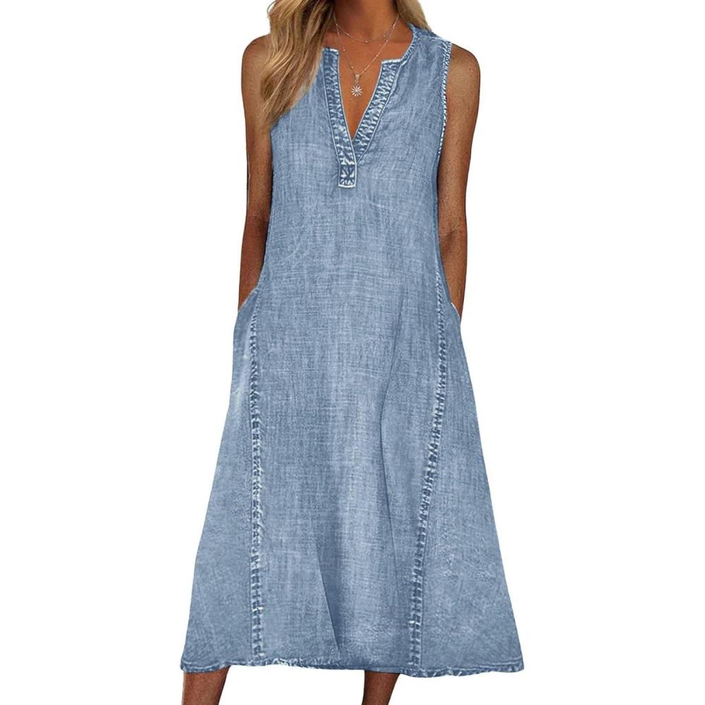 imageCHARTOU Women Casual Sleeveless Denim Midi Dress A Line SummerBlue
