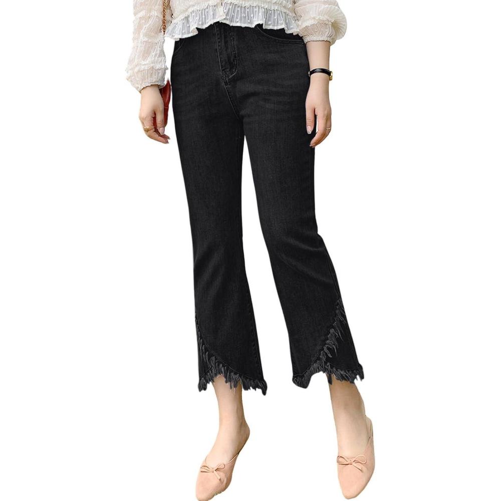 imageCHARTOU Women Cute Stretch Denim Jeans Ripped Distressed Frayed Hem Denim Pants Tassel Fringe Cropped JeansBlack