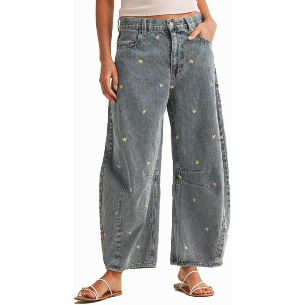 imageCHARTOU Women Embroidered Barrel Jeans Floral Baggy Jeans Loose Mid Rise Wide Leg Denim Pants with PocketsLight Blue