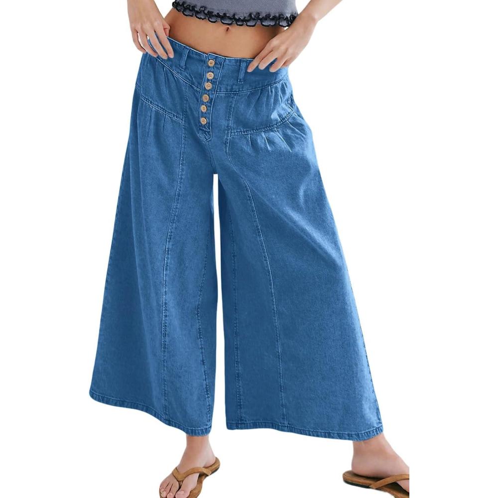 imageCHARTOU Women Flare Wide Leg Jeans Baggy Cropped Mid Rise Jeans Pleated Ruffle Denim Pants with PocketsDark Blue