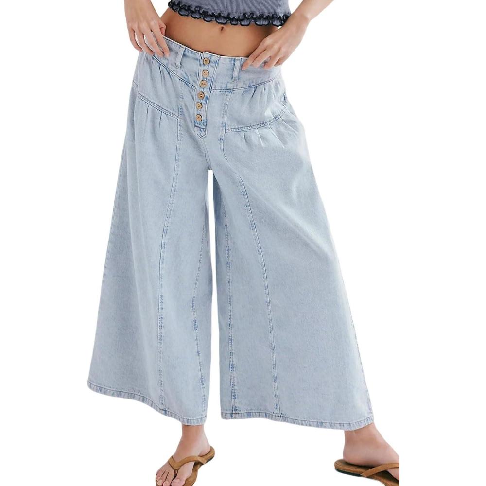 imageCHARTOU Women Flare Wide Leg Jeans Baggy Cropped Mid Rise Jeans Pleated Ruffle Denim Pants with PocketsLight Blue