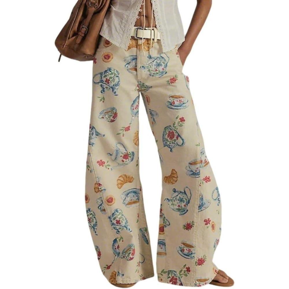 imageCHARTOU Women Floral Denim Wide Leg Pants High Waist Floor Length Baggy Barrel JeansYellow