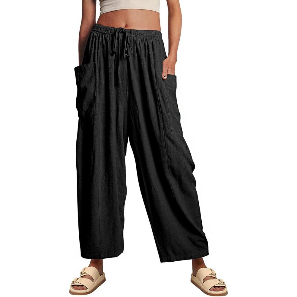 imageCHARTOU Women Loose Elastic Waist Wide Leg Beach Pants with Pockets Lightweight Pleated Gauze Palazzo PantsBlack
