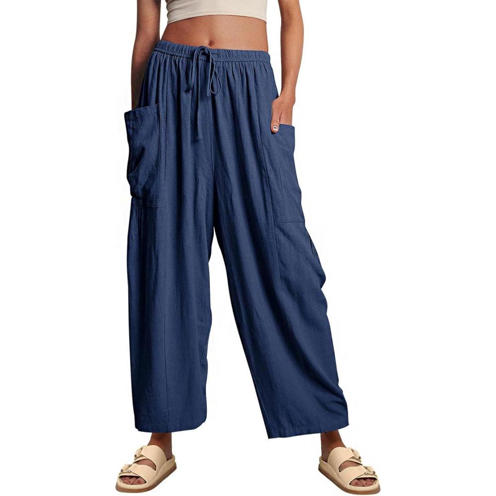 imageCHARTOU Women Loose Elastic Waist Wide Leg Beach Pants with Pockets Lightweight Pleated Gauze Palazzo PantsBlue