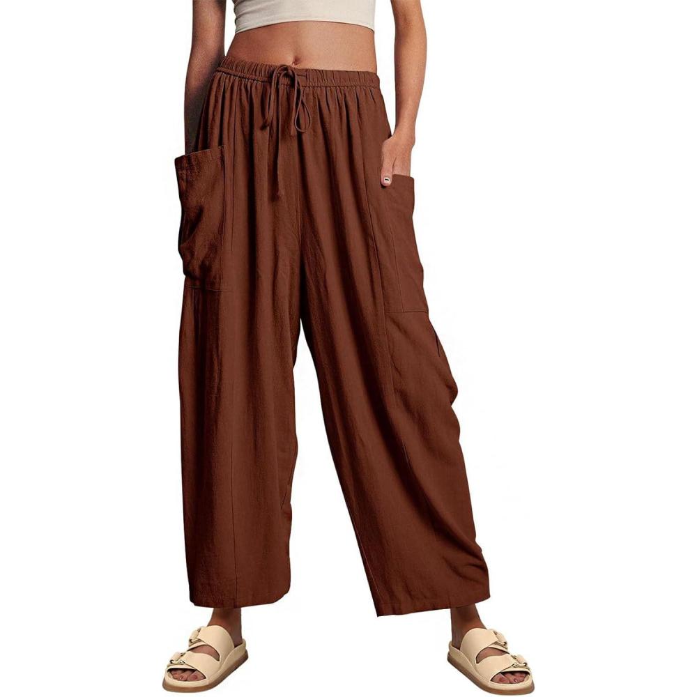 imageCHARTOU Women Loose Elastic Waist Wide Leg Beach Pants with Pockets Lightweight Pleated Gauze Palazzo PantsCoffee
