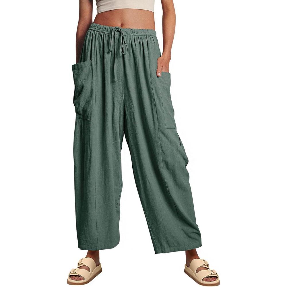 imageCHARTOU Women Loose Elastic Waist Wide Leg Beach Pants with Pockets Lightweight Pleated Gauze Palazzo PantsGreen