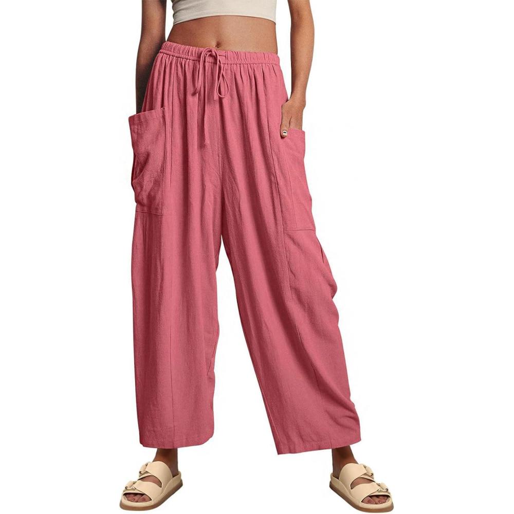 imageCHARTOU Women Loose Elastic Waist Wide Leg Beach Pants with Pockets Lightweight Pleated Gauze Palazzo PantsPink