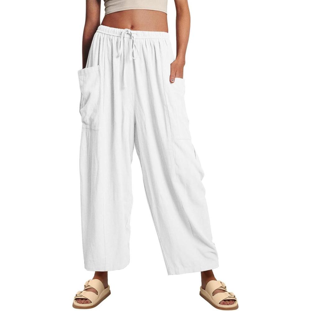 imageCHARTOU Women Loose Elastic Waist Wide Leg Beach Pants with Pockets Lightweight Pleated Gauze Palazzo PantsWhite